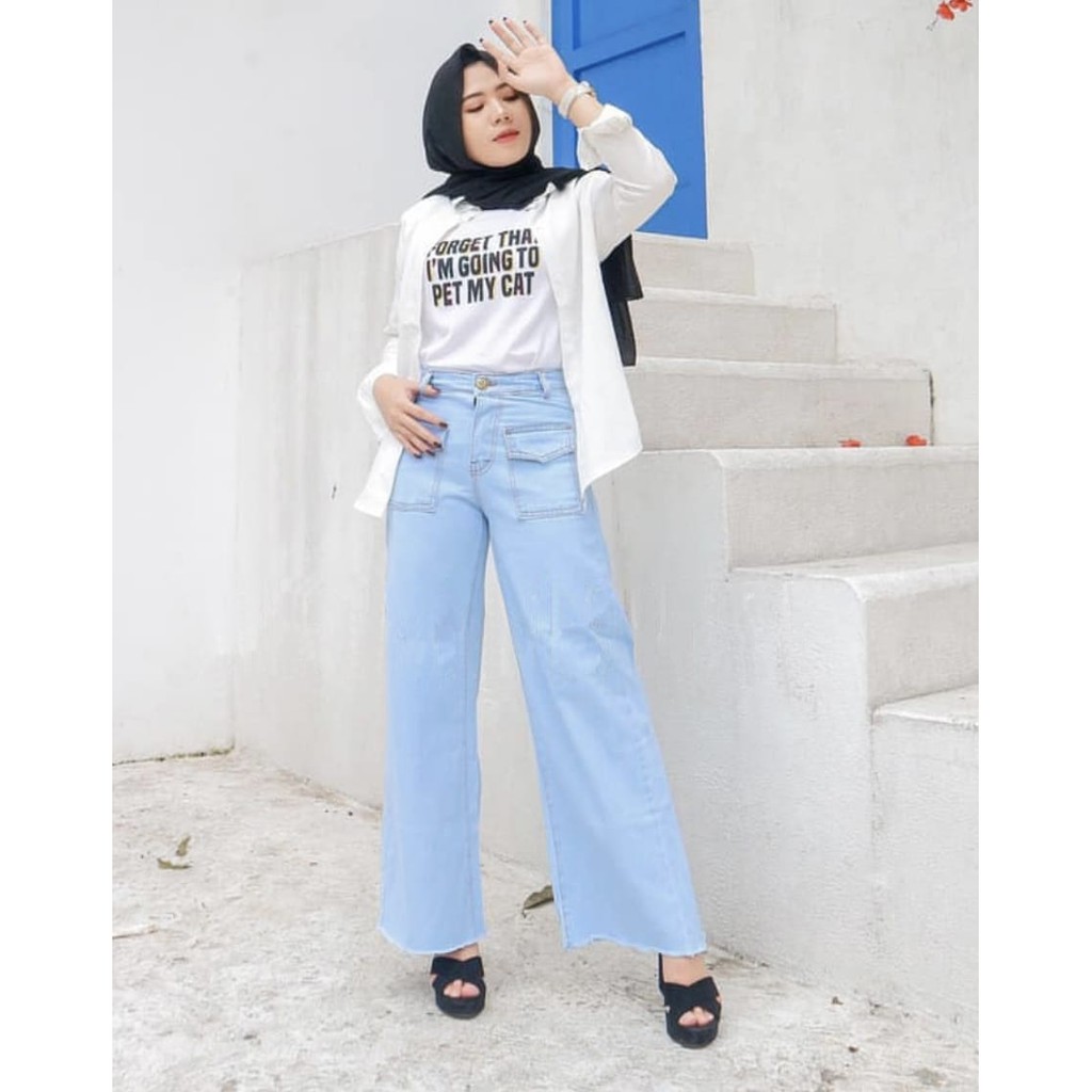 HOPYLOVY Celana Boyfriend Kulot Jeans Wanita Kantong Depan Shira