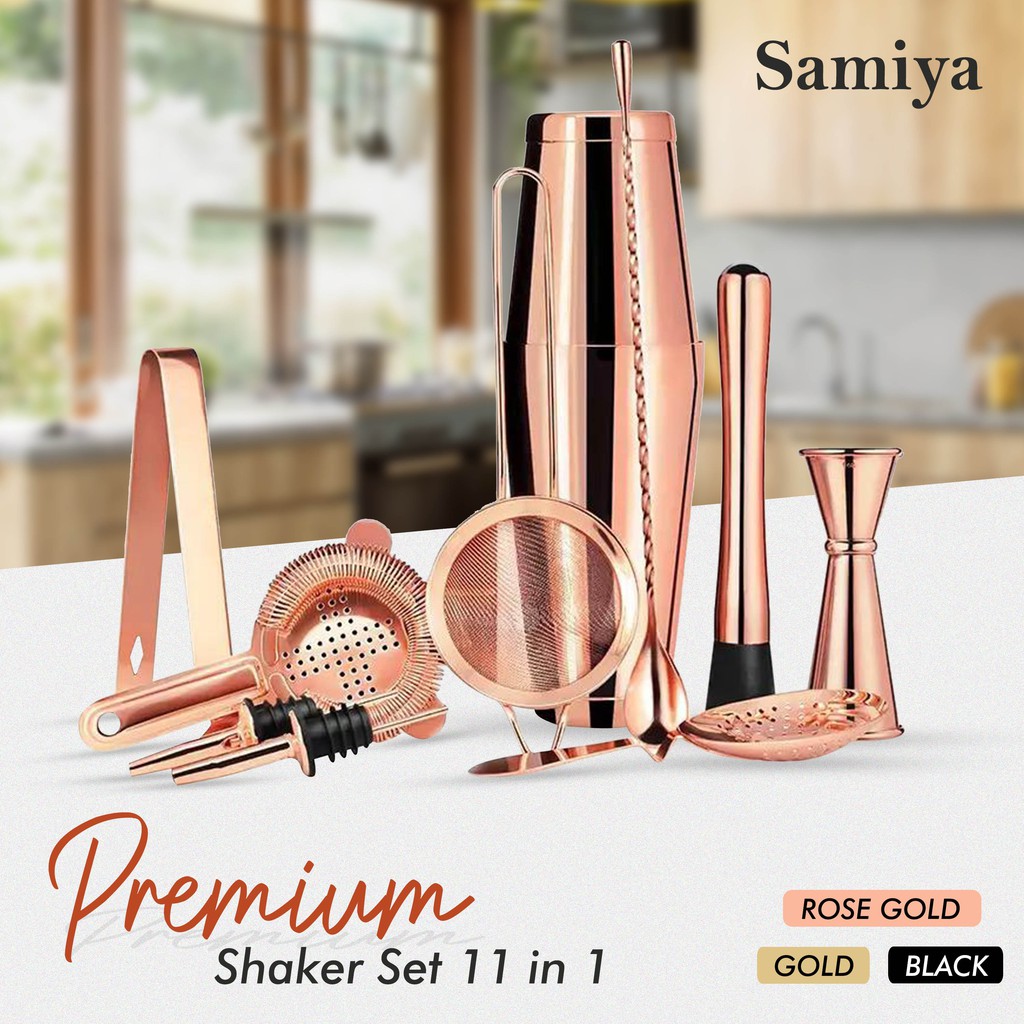 paket shaker boston 11pcs premium quality rosegold gold black / bartender tools set