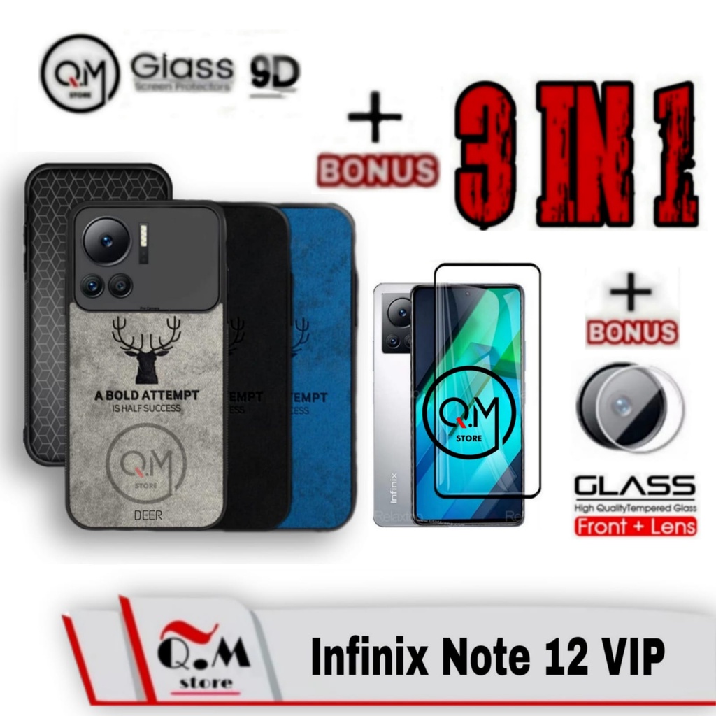 Paket 3 in1 Case Infinix Note 12 VIP Softcase Deer Pelindung Back Cover Bonus Tempered Glass Layar Plus Lensa Camera Belakang