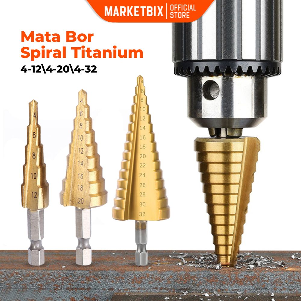 MARKETBIX Mata Bor 3 PCS Spiral Titanium untuk Besi Kuningan Kayu Mata Bor Pagoda Kerucut