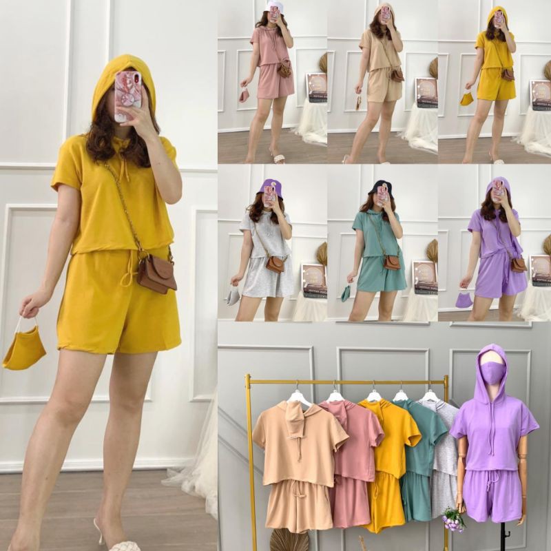 A436.Chloe Hoodie SET + Short Pants + Matching Mask