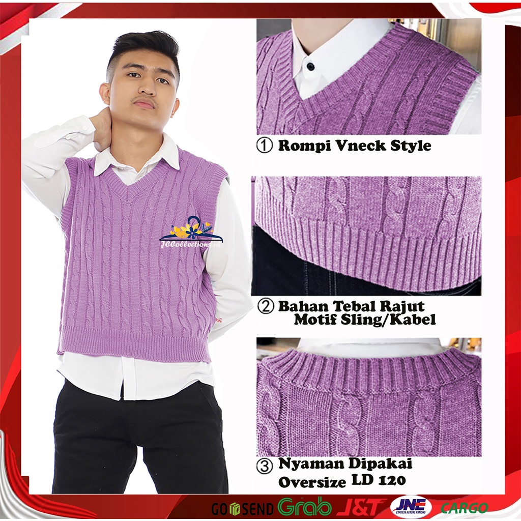 Rompi Pria Rajut Motif Kabel L-XL Vneck Knitting Nickko / Cable Vest - JCCollections