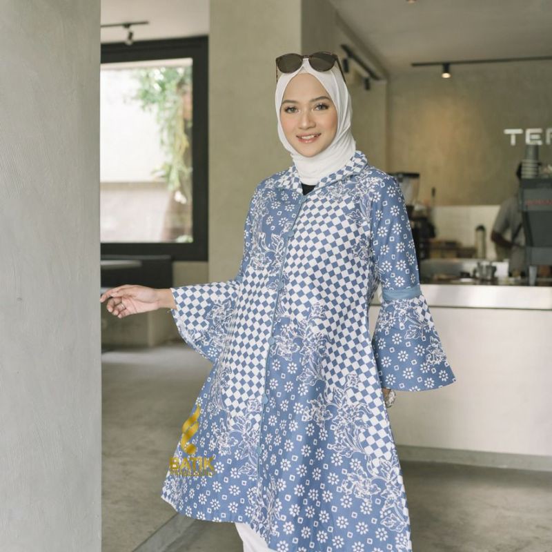 BATIK KERJA WANITA ATASAN MODEL TUNIK LENGAN PANJANG MOTIF BATIK CAP FITRIA BY PRABUSENO BAJU KERJA