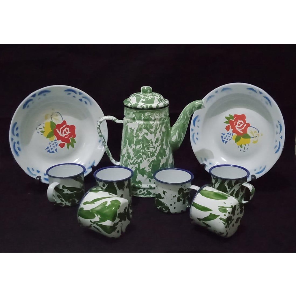 Set teko dan cangkir enamel lurik hijau khas jogja jadul