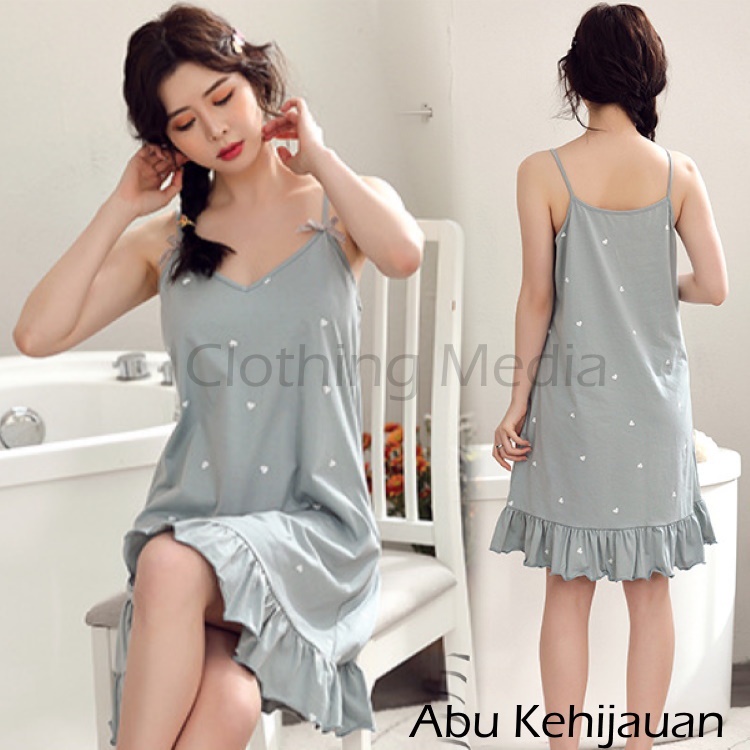Baju Tidur Wanita Simpel Bahan Katun Korean Ruffle Daily Dress Santai