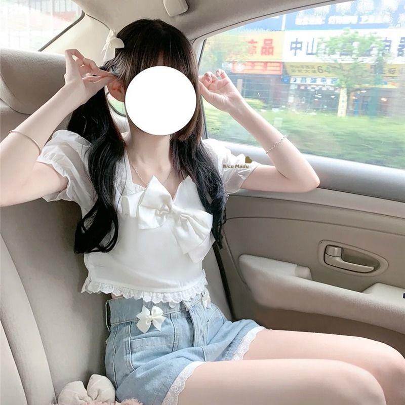 Nico ##super peri kemeja gaya barat wanita Jepang busur puff lengan pendek atasan