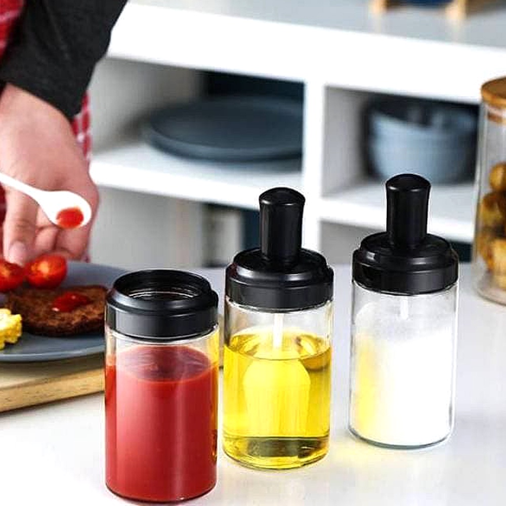 FM - Botol Bumbu Dapur Kaca + Tutup dan Sendok Kedap Udara