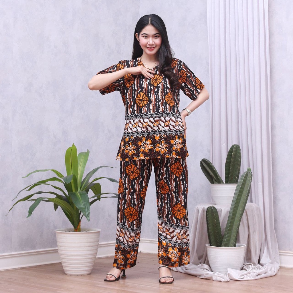 Batik Prass - Setelan Baju Tidur Busui Lengan Pendek - Piyama Batik Terbaru - Baju Santai-GLORY KUNING