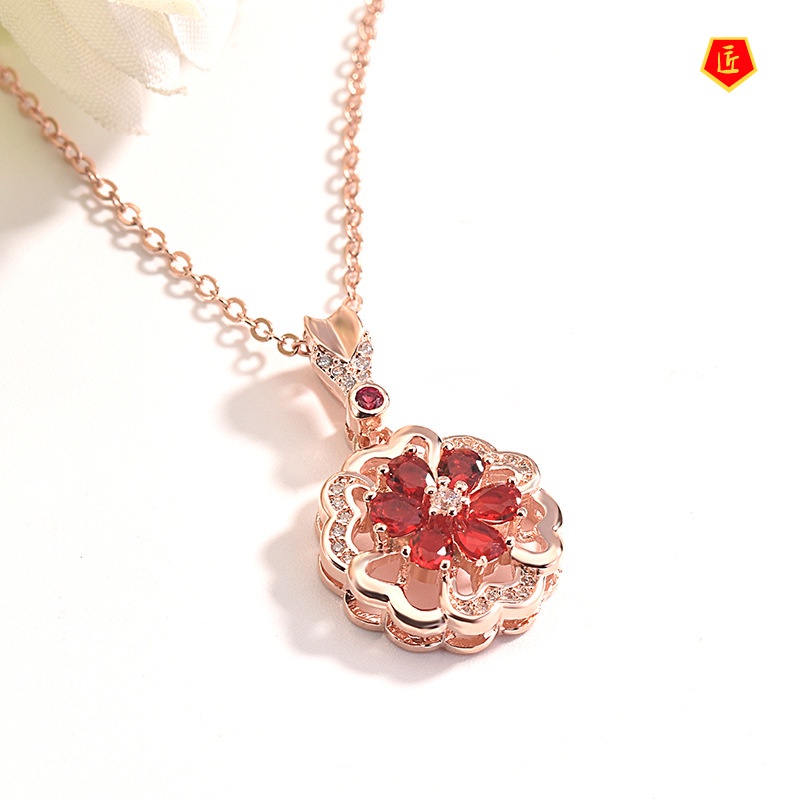 [Ready Stock]European and American New Inlaid Ruby Flower Pendant Graceful and Fashionable