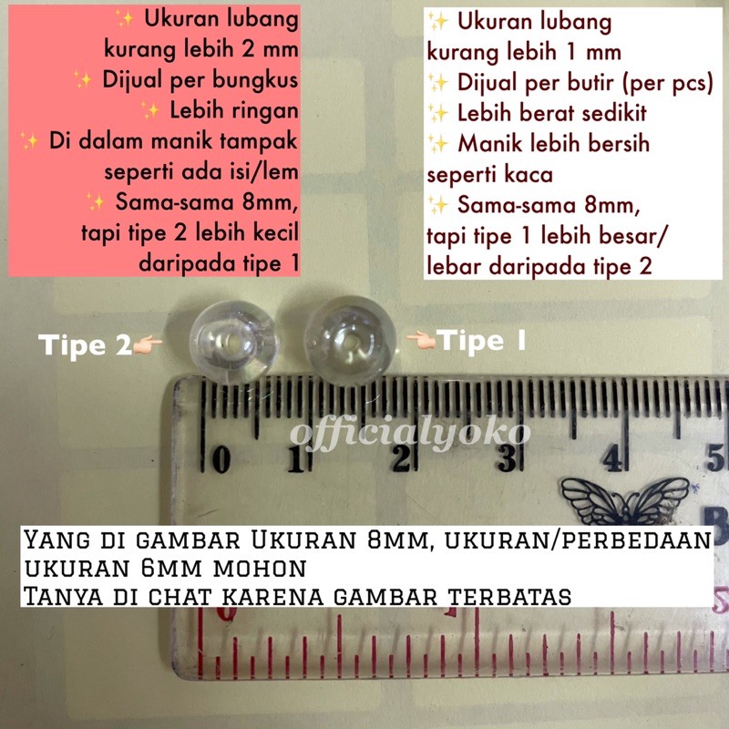 Mute/Monte/Manik Kristal Bundar Pelangi Bening TIPE 1 per butir 6mm/8mm