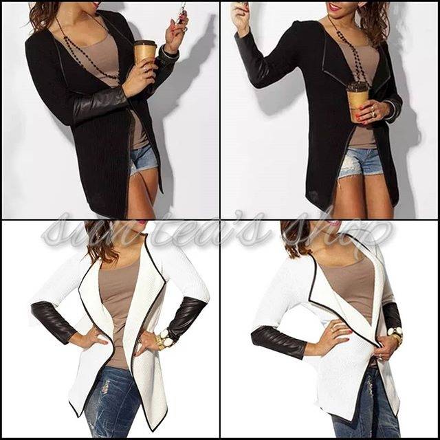 OT240 Faux leather trim knitted long coat jacket