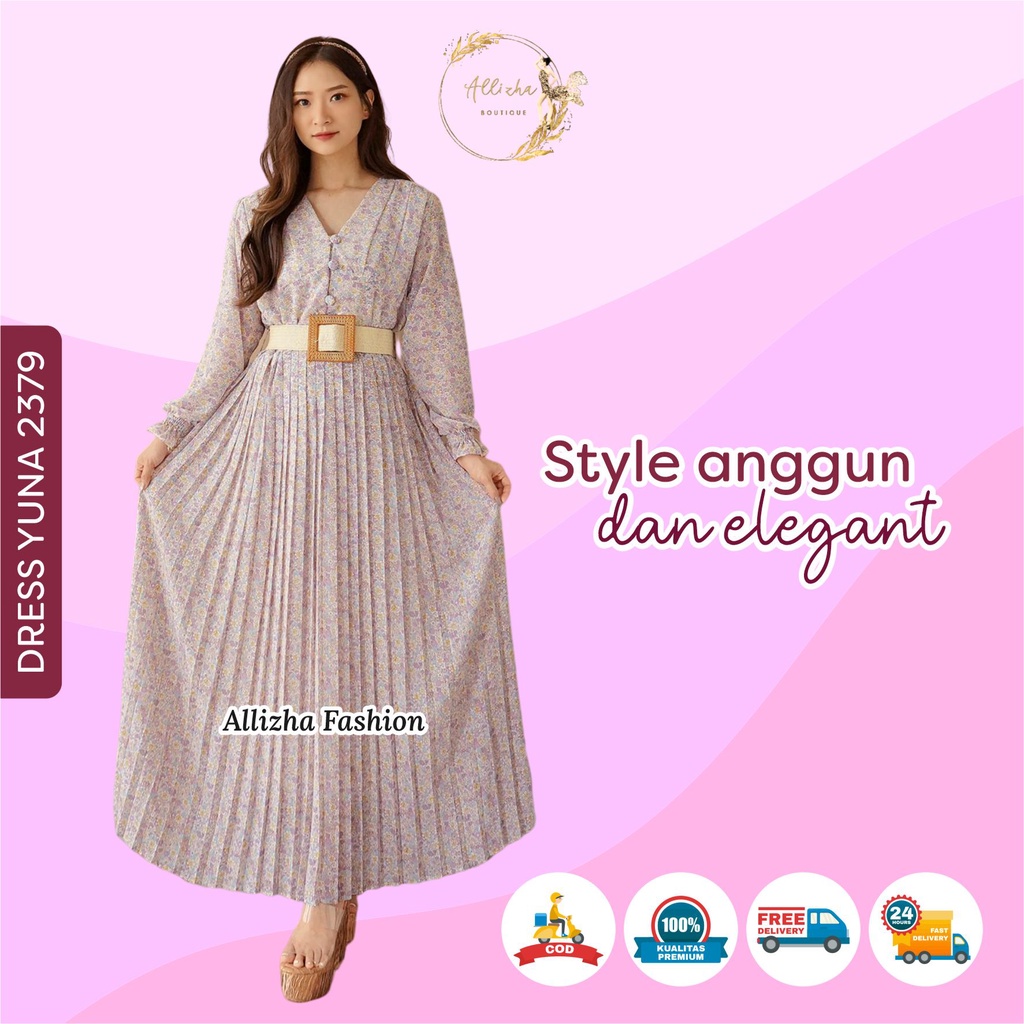Dress Yuna 2379 Gamis Plisket Daily Wear Baju Jalan Jalan Dan Pesta Wanita Busui Friendly By Allizha