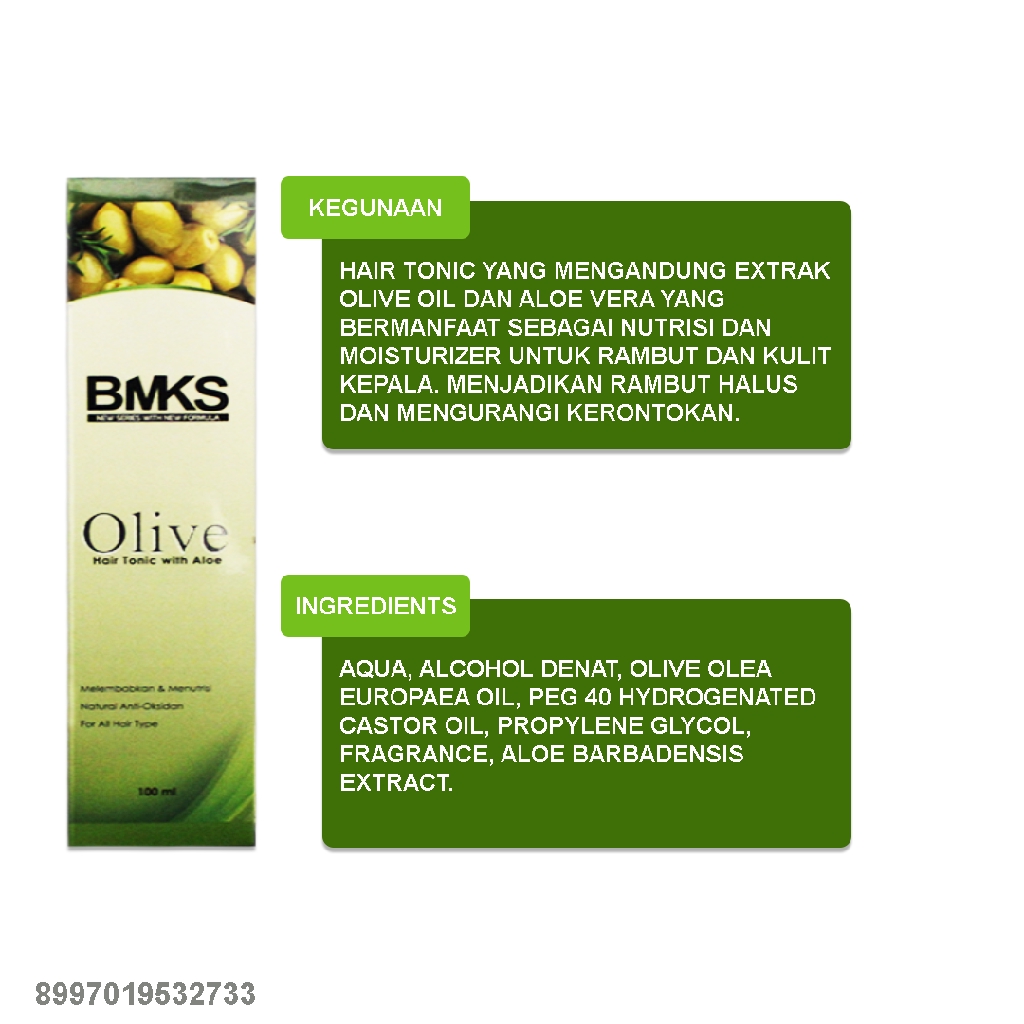 BMKS Olive Hair Tonic With Aloe Vera Pelebat Pelembut Pengharum Vitamin Rambut Anti Rontok Original Bpom