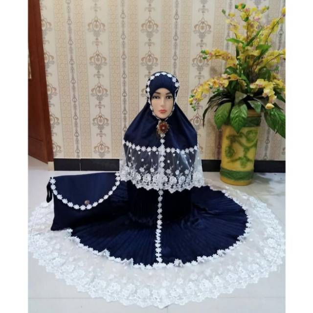 Mukena dewasa sutra silk plisket renda tile