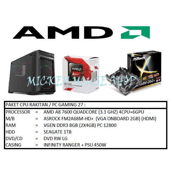 PAKET CPU / PC RAKITAN GAMING 27 / AMD A8-7600 (3.1 GHZ)/RAM 8 GB