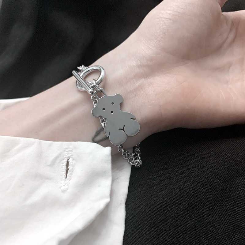 Ins Double-Layer Hip Hop Simple Chain Lock Heart Cross Bear Tebal Rantai Gelang Punk Gelang