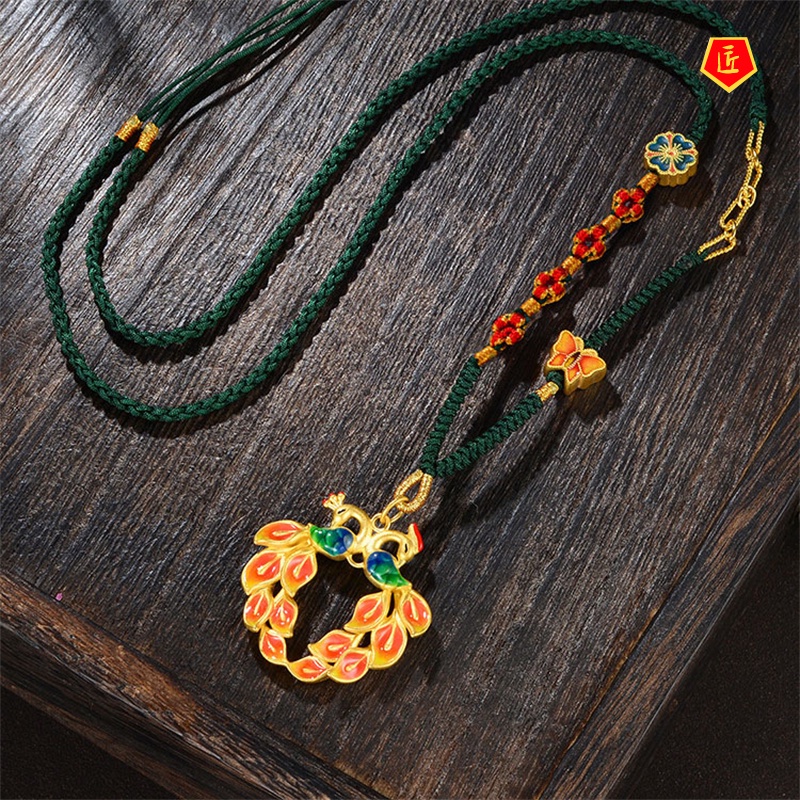 [Ready Stock]Ancient Gold Craft Burnt Blue Peacock Pendant Elegant Fashion