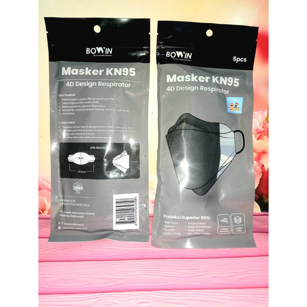 Bowin Masker KN95 4D Design Respirator (Isi 5 Pc) Black Kids