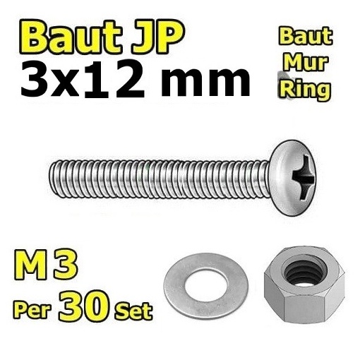 x30 Set Baut Mur Ring M3 x 12mm JP3 M3 3mm Ukuran M3x12 3x12mm 3x12 3x12mm Kepala Cembung