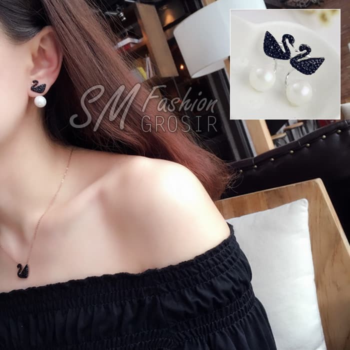 Anting Tusuk Import Korea Bentuk Angsa Hitam Mini Mutiara Lucu (-E255)- - Black