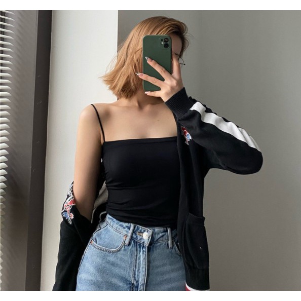 Tanktop 20 tank top spaghetti panjang square neck dalaman wanita atasan innerwear cewek-Hitam