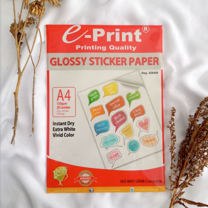 

Kertas foto E-Print Glossy Sticker Paper A4/135gsm/5760dpi/isi 20lbr