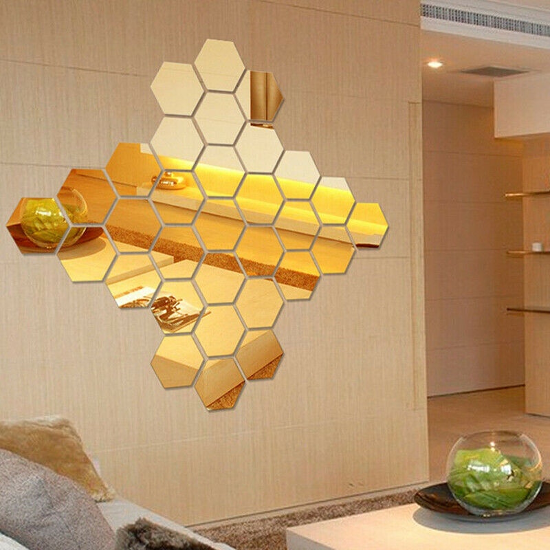 Cermin dinding Dekorasi Rumah Sticker Kaca cermin ruang tamu minimalis modern Dekorasi Dinding Hexagon Mirror Acrylic 7PCS Warna Silver dinding rumah minimalis modern untuk ruang tamu kamar mandi bathroom ruang keluarga kantor cafe toko