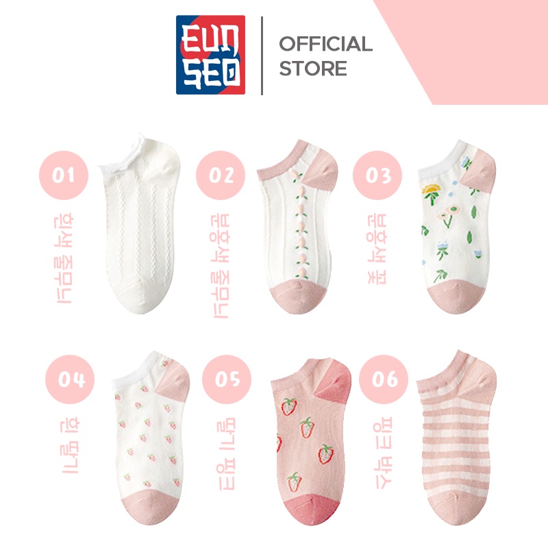 EUNSEO Kaos Kaki Mata Kaki Wanita - Fashion Korea Motif Putih Pink Soft Premium