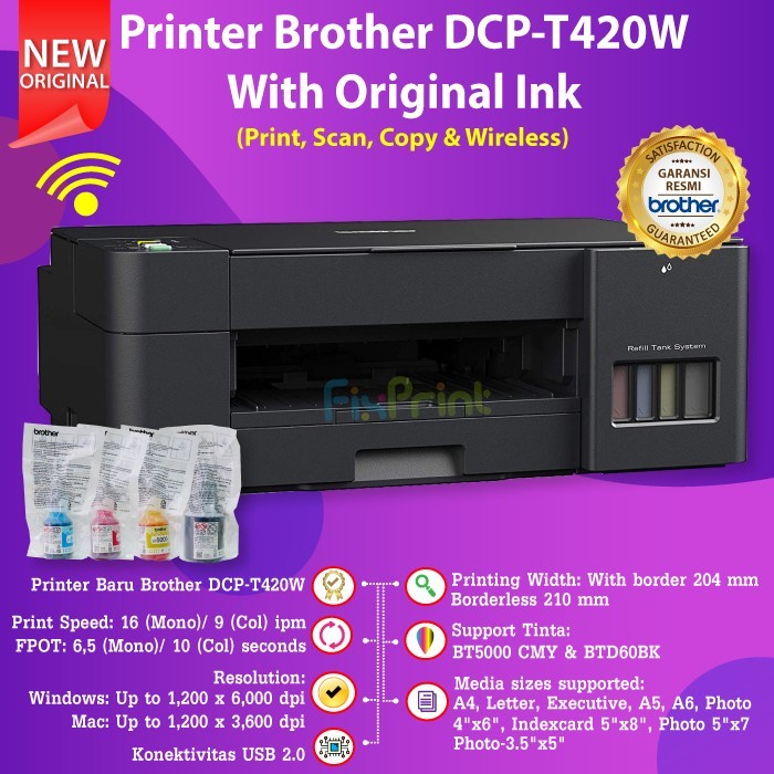 Printer Brother DCP-T420W DCP T420W Refill Ink Tank Wireless All-in-One ( Print, Scan, Copy, WiFi ) , Printer Brother T 420W Multifungsi Inkjet Infus Pabrik Garansi