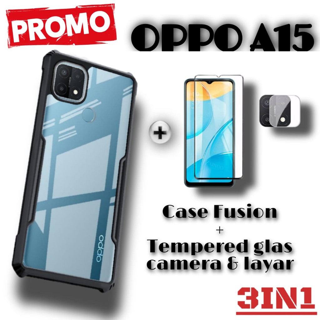 PROMO HEMAT Paket 3in1 Case OPPO A15 Hardcase Tempered Glass Layar dan Kamera Screen Protector