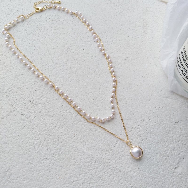 Kalung Rantai Klavikula Lapisan Ganda Aksen Mutiara Untuk Aksesoris