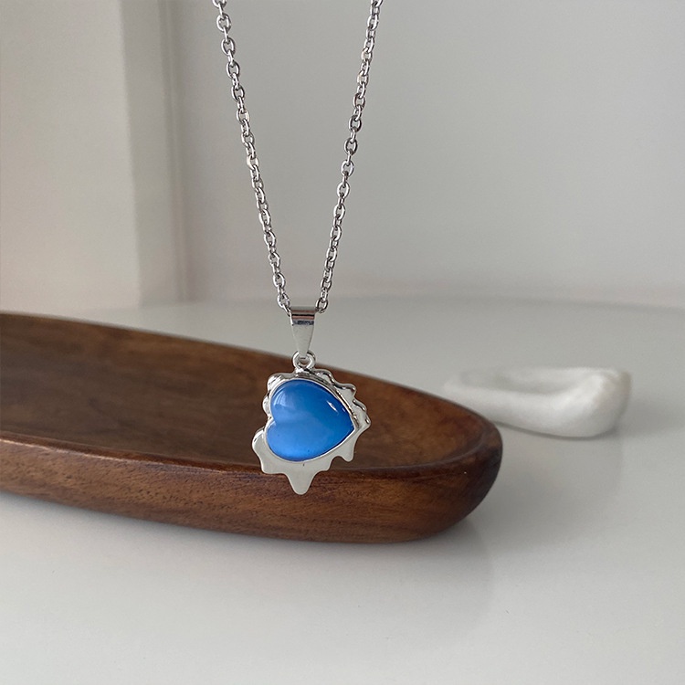 Blue Opal Love Pendant Necklace Accessories Simple Personality Temperament Chain