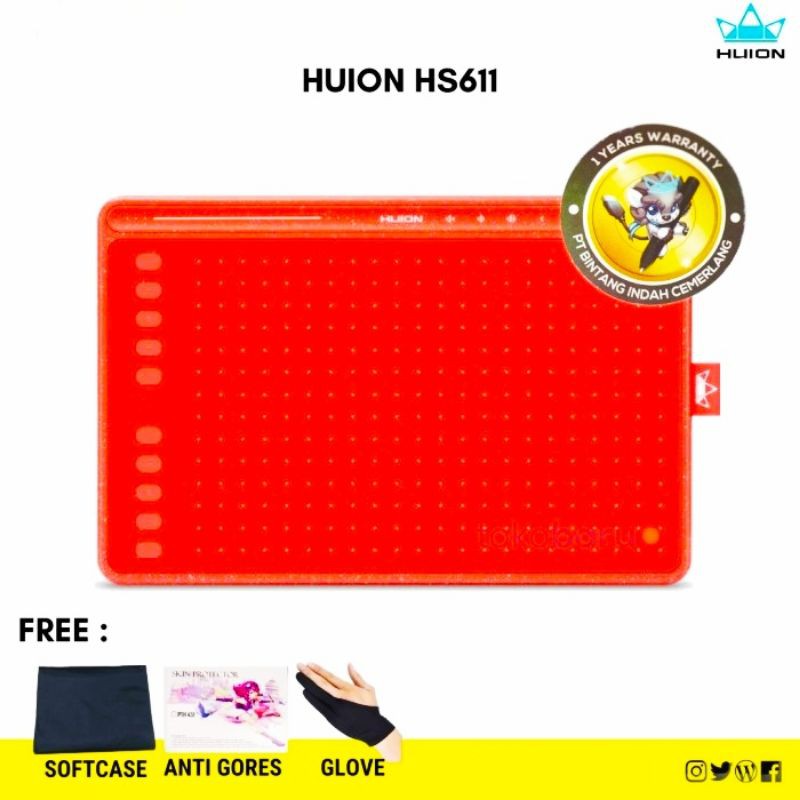 Huion HS611 Drawing Tablet Garansi Resmi 1 Tahun - Coral Red - Bonus Lengkap murah