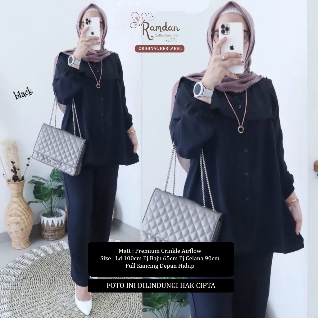 Ramdan Collection A043 | Milly One Set Matt Crinkle Airflow Setelan Wanita Kekinian Tunik + Celana Import Fashion Muslim Jumbo OOTD Baju Wanita OOTD Atasan Premium Terbaru Anak Perempuan Long Murahan Kondangan Hitam Long Tunik Busui Friendly