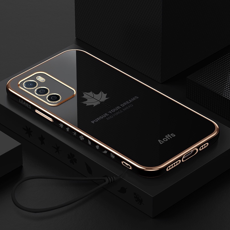 Soft Case Bentuk Persegi Desain Daun Maple Untuk Oppo A16-Hitam Hitam