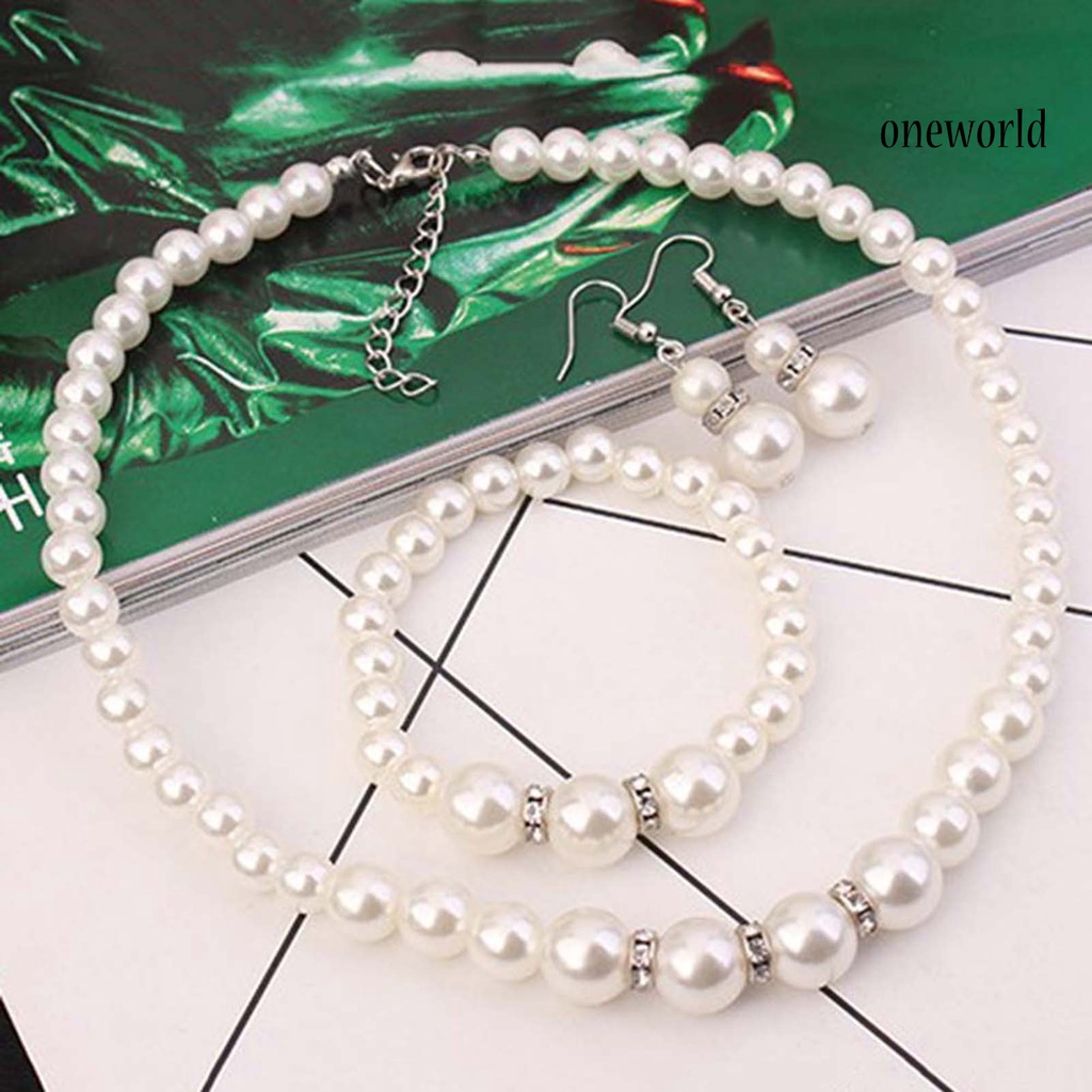 OW@ 3Pcs Elegant Women Faux Pearl Necklace Hook Earrings Bracelet Wedding Jewelry Gift