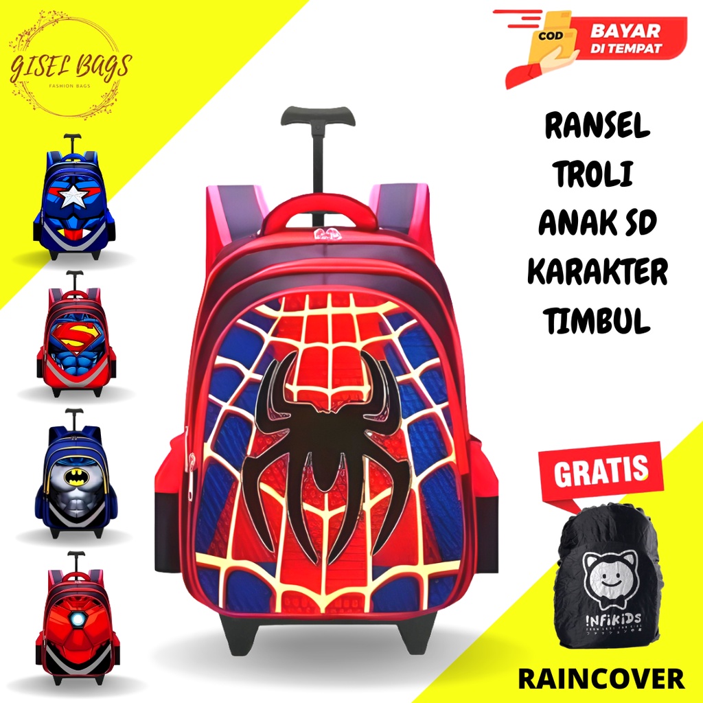 GB-Tas ransel troli anak laki laki tas ransel troli karakter superhero timbul tas ransel troli anak import