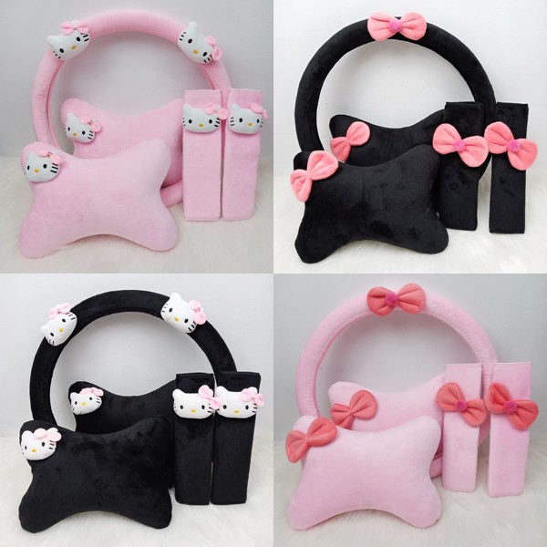 Sarung Cover Stir Setir Mobil Safetybelt Sabuk Bantal Headrest Full Set Hello Kitty HK n RIBBON