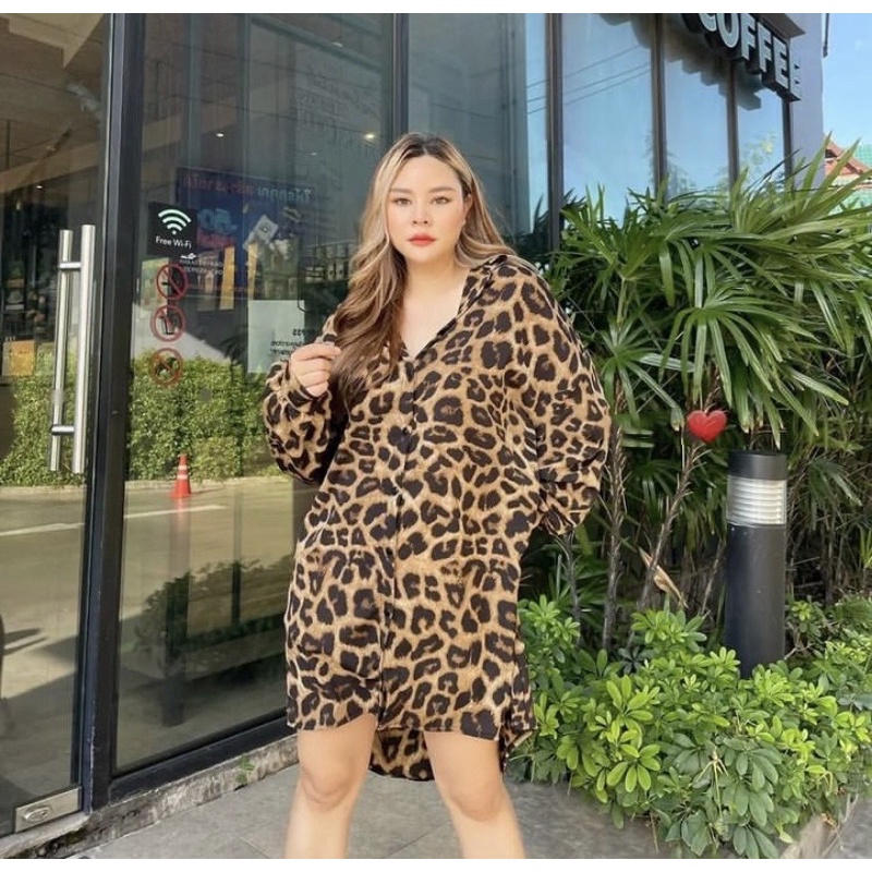 dress kemeja jumbo wanita motif animal print leopard