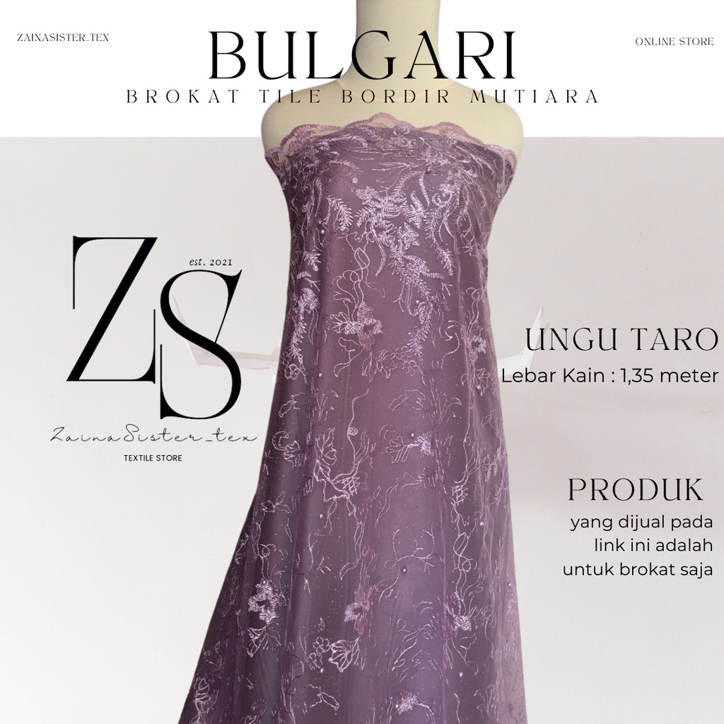 Bahan Kebaya Brokat Brukat Tile Mutiara Bordir Premium Mewah Meteran Bulgari Warna Ungu Purple Taro