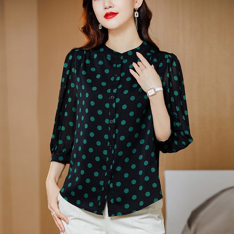 COD 2022 New Fashion Korean Style 3/4 Sleeve Blouse for Women Black White Polka Dots Summer Shirts Baju Kemeja Wanita Kekinian Putih Hitam 2023t