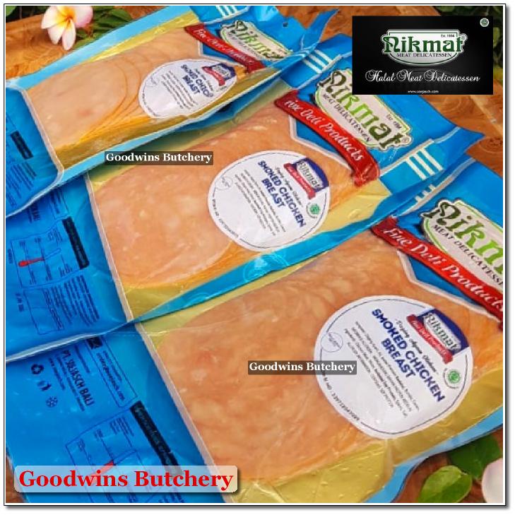 

SMOKED CHICKEN BREAST SLICED frozen NIKMAT Halal Delicatessen Soejasch Bali 250g
