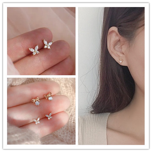 Anting Tusuk Silver S925 Gaya Korea Bentuk Kupu-Kupu / Hati Aksen Zircon Untuk Perhiasan Wanita