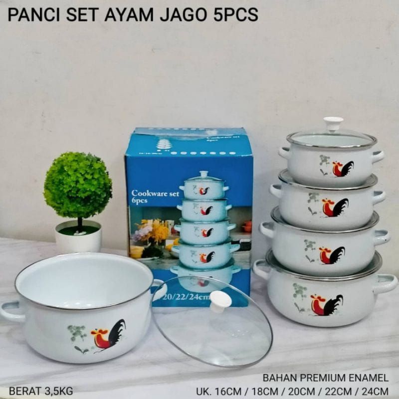 panci enamel ayam jago 5set