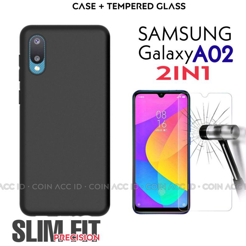 [new] SAMSUNG A02 softcase SLIM FIT ( black matte case ) + TEMPERED GLASS 9H (anti gores kaca)