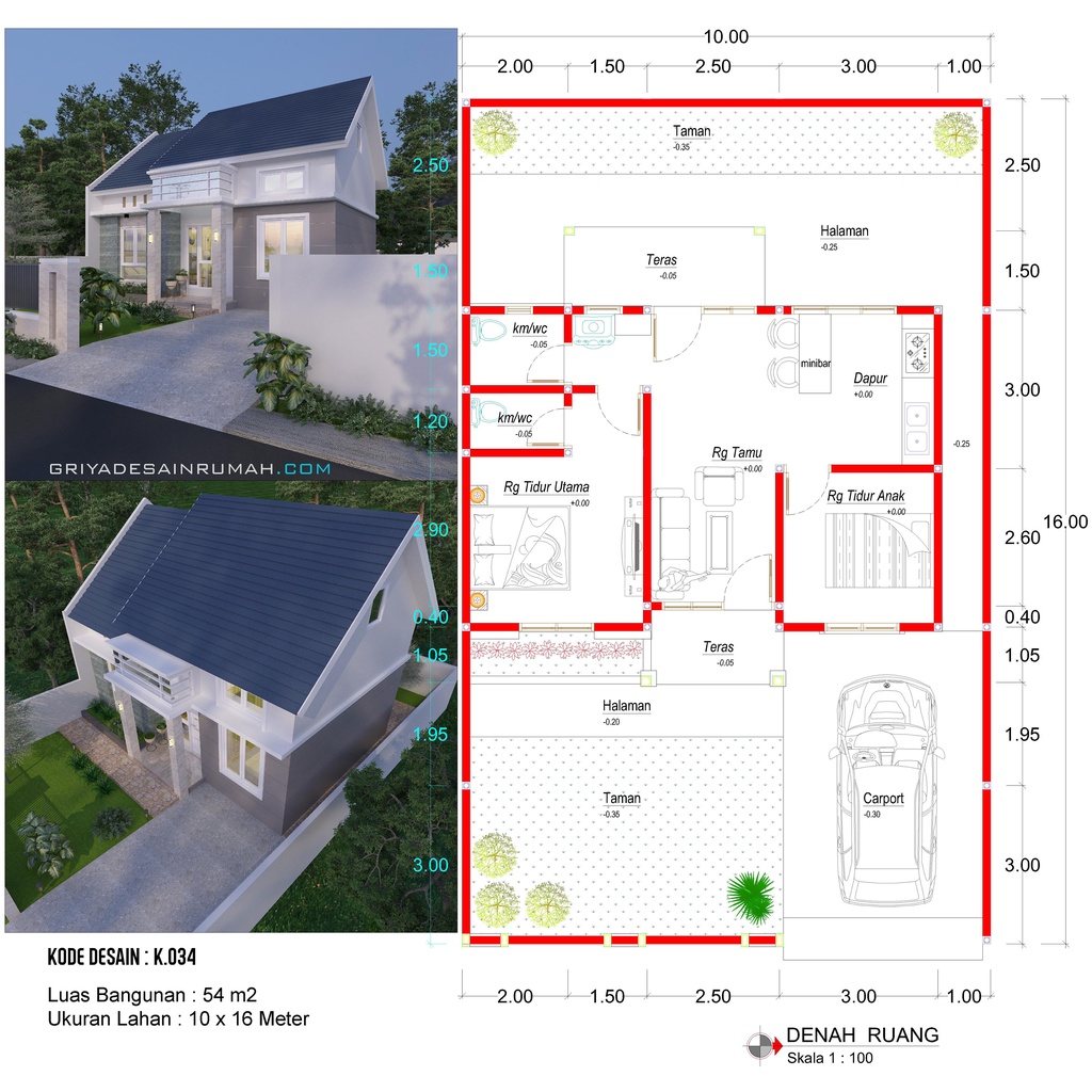 Desain Rumah 1 Lantai Type 54 Lebar 10 Meter Minimalis 2 Kamar Tidur