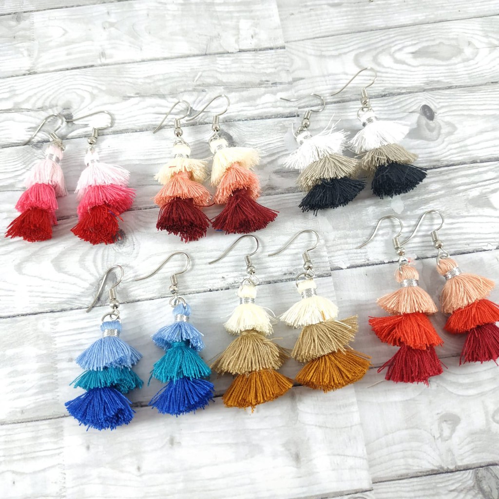 Anting Hijab Fashion wanita Tassel Tri Tingkat Kekinian Tokopelanginicer