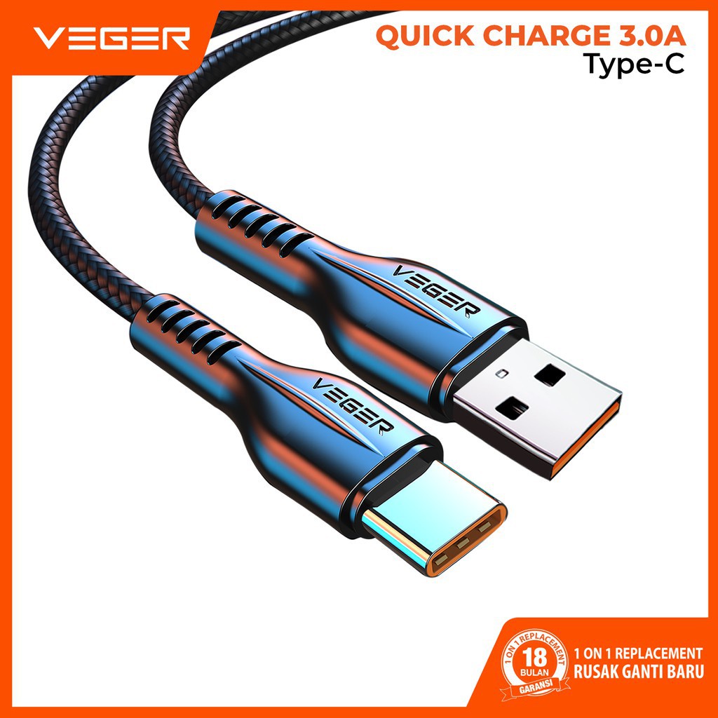 Kabel Data VEGER VG18 USB Type - C 100cm QC.3.0 Fast Charging