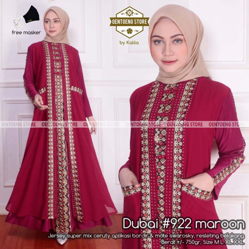 ABAYA TURKEY DUBAI 922 MAROON // DUBAI 922 HIJAU BOTOL JERSEY MIX CERUTY BORDIR ORI