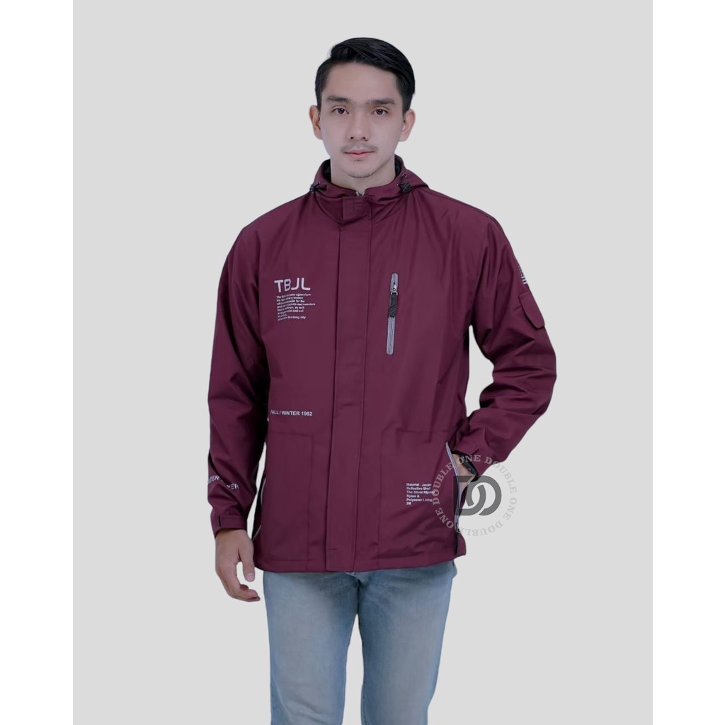 DOUBLE ONE - Jaket Pria Outdoor Taslan Original THE BOJIEL / Jaket Waterproof / Jaket Hoodie Parasut Pria / Jaket Hoodie Anti Air Maroon